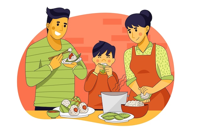 Free vector family eating zongzi illustration