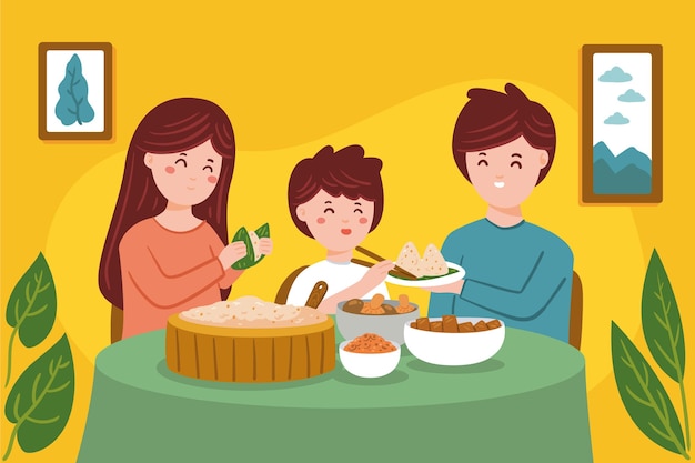 Vettore gratuito famiglia che mangia zongzi