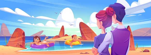 Free vector family enjoying holidays on summer beach