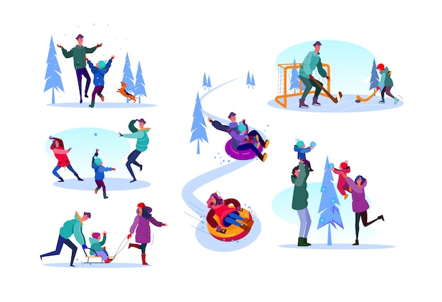 Free vector family enjoying winter activities set