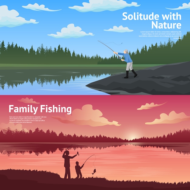 Family fishing horizontal banners set