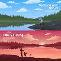 Free vector family fishing horizontal banners set