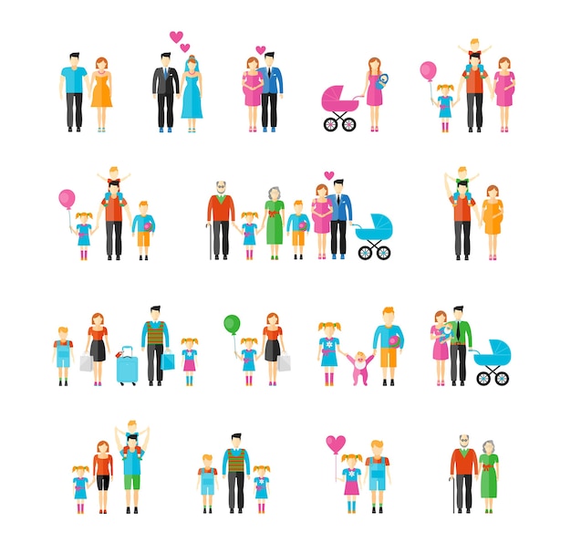 Free vector family flat style. daughter and grandfather, baby and father, son and mother, husband and wife, brother and sister.