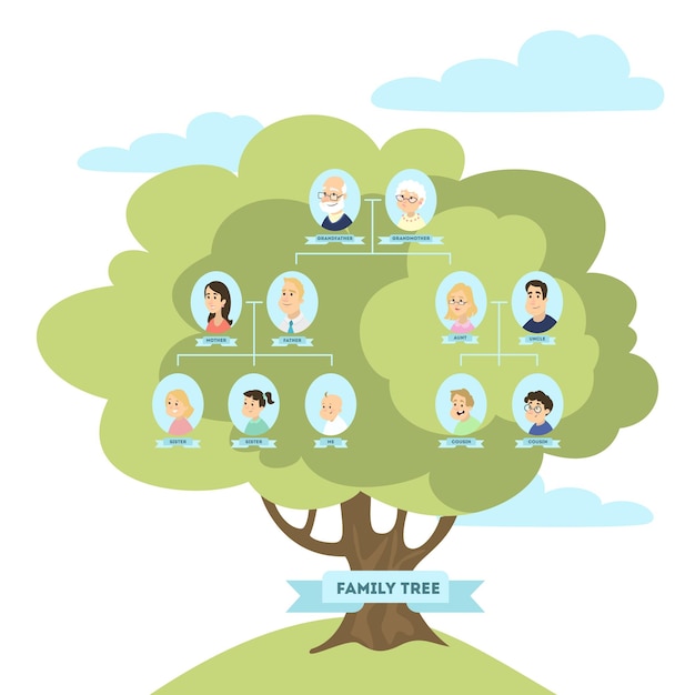 Vettore gratuito albero genealogico familiare genitori e nonni figli e cugini
