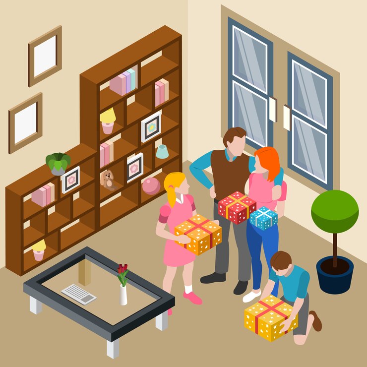 Free Vector family giving gift boxes at home