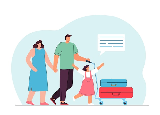 休暇のイラストに行く家族。荷物を運ぶ幸せな家族