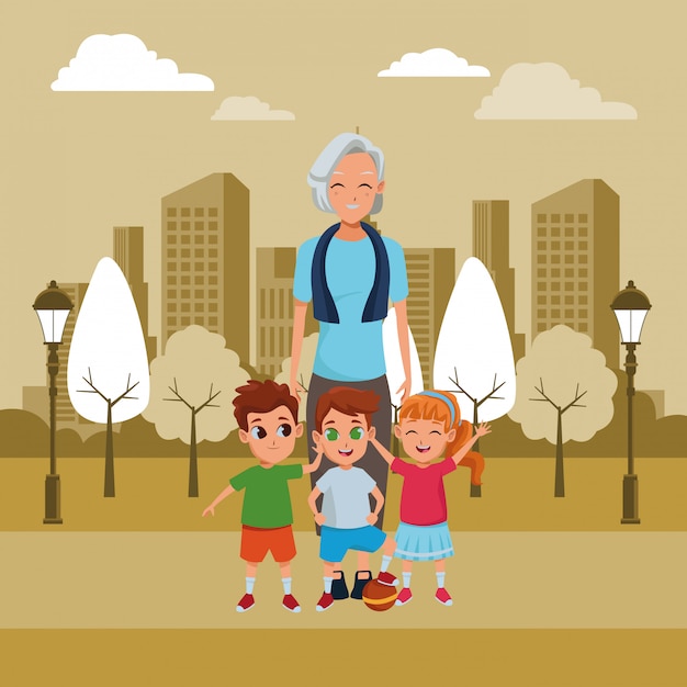 Family grandmother with grandchildren cartoon