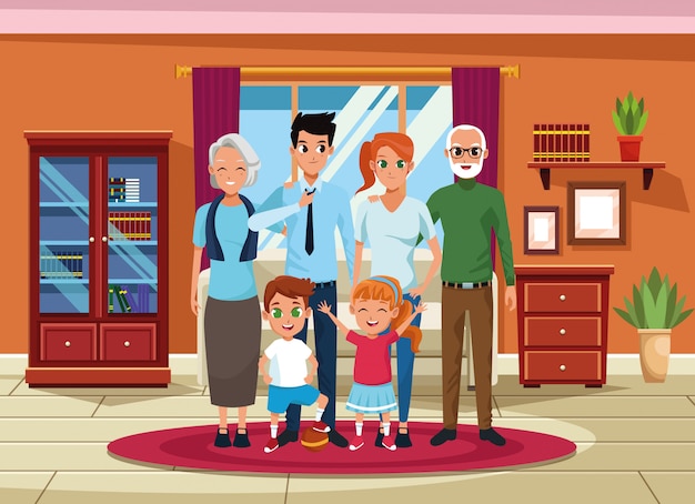 Family grandparents, parents and kids cartoons