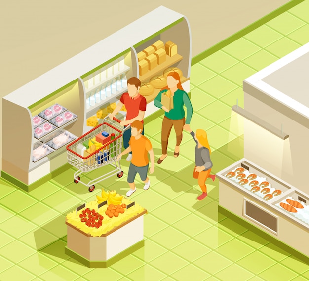 Family grocery shopping supermarket isometric view