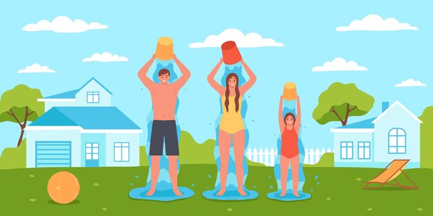 Free vector family hardening composition with outdoor backyard scenery and family members swilling down cold water from buckets vector illustration