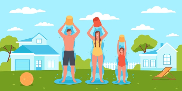 Композиция для закаливания семьи с пейзажем заднего двора и членами семьи, пьющими холодную воду из векторной иллюстрации ведер