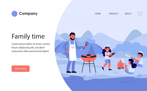 Family having barbecue picnic at river bank. website template or landing page