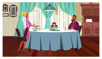 Family having dinner at home illustration