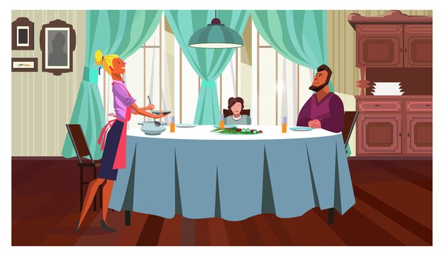 Family having dinner at home illustration