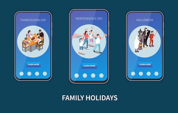 Family holidays banners smartphone screen templates set with celebration of thanksgiving independence day and halloween isometric isolated vector illustration