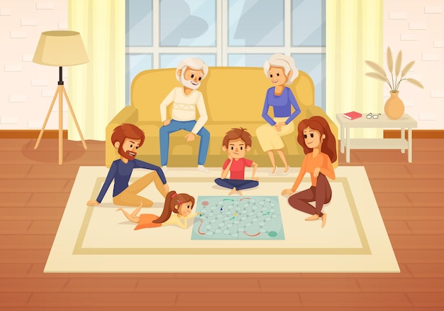 Vettore gratuito composizione di cartoni animati per le vacanze in famiglia l'intera famiglia si è riunita nel soggiorno per giocare all'illustrazione dei giochi da tavolo