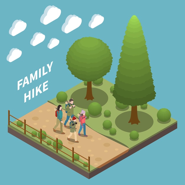 Free vector family holidays composition with parents and children hiking in forest on colored background with clouds 3d isometric vector illustration