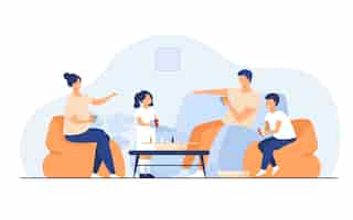 Free vector family home activities concept. happy boy and girl with parents playing board games with cards and dices in living room. for entertainment, togetherness, having together topics