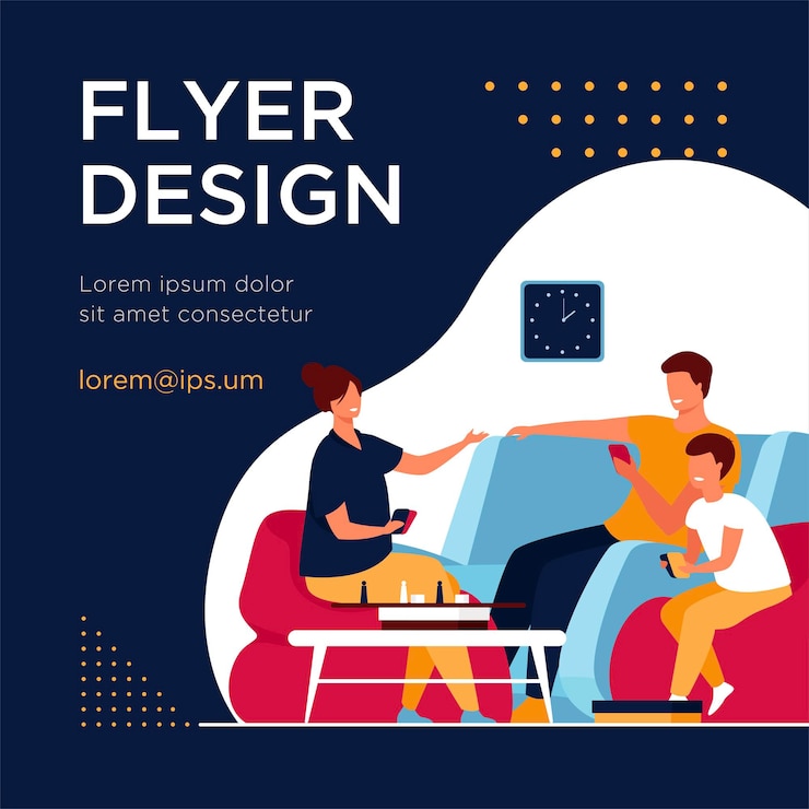 Free Vector family home activities concept. happy boy and girl with parents playing board games with cards and dices in living room. flyer template