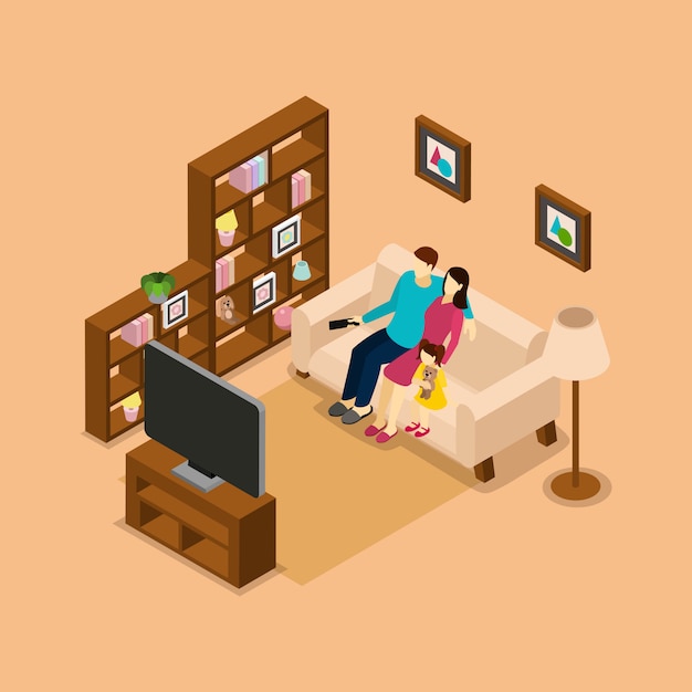 Семейный дом смотрит телевизор Изометрические Баннер