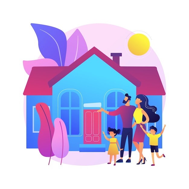 家族の家の抽象的な概念図。一戸建て戸建住宅、一戸建て、一戸建て、タウンハウス、個人住宅、住宅ローン、頭金。