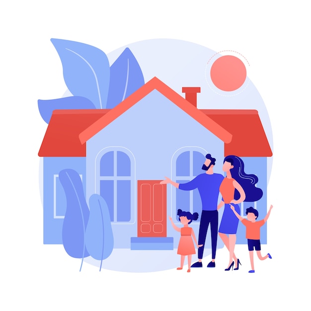 家族の家の抽象的な概念のベクトル図です。一戸建て一戸建て、一戸建て、一戸建て、タウンハウス、個人住宅、住宅ローン、頭金の抽象的な比喩。