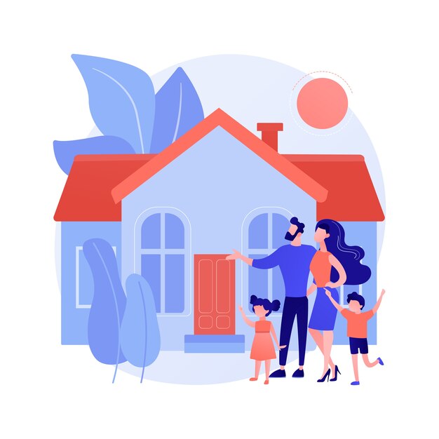 家族の家の抽象的な概念のベクトル図です。一戸建て一戸建て、一戸建て、一戸建て、タウンハウス、個人住宅、住宅ローン、頭金の抽象的な比喩。