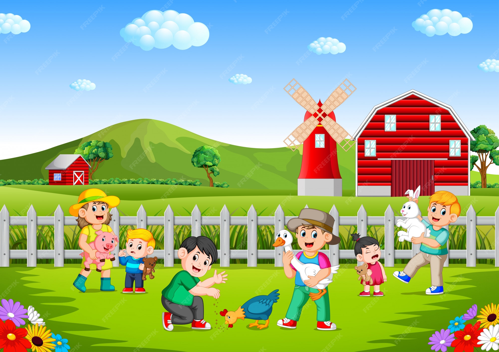 Premium Vector Family and kids playing on the farm having fun