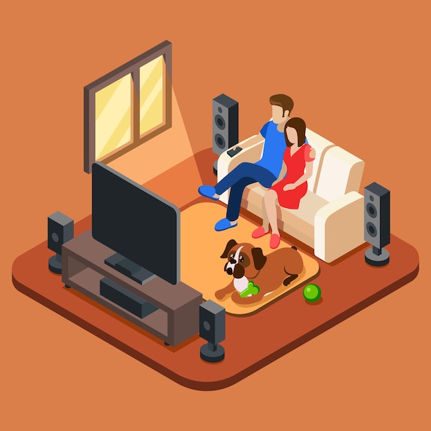 Семья в гостиной смотрит телевизор
