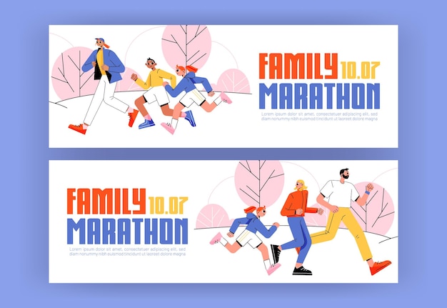 Бесплатное векторное изображение Семейный марафон рекламные баннеры приглашение спорт