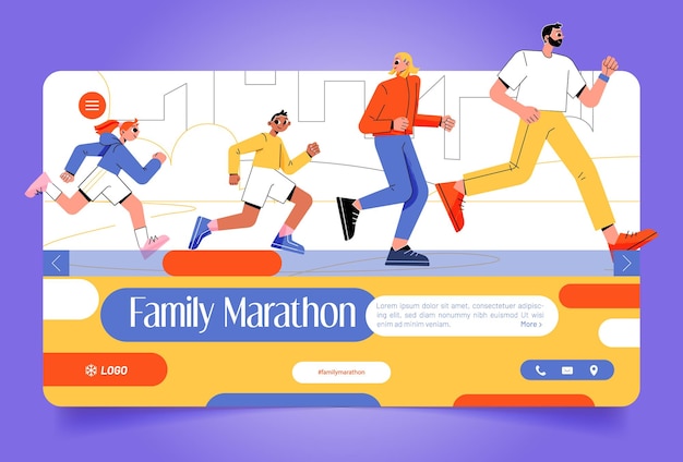 Banner di maratona familiare con persone felici che corrono