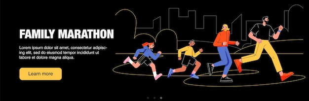 Family marathon web banner invitation to outdoor running physical activity for parents and children Jogging sports competition characters healthy lifestyle Line art flat Vector Illustration