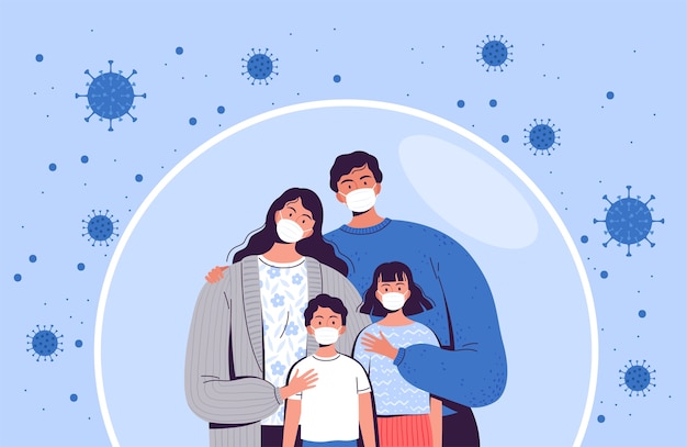 Family in medical masks stands in a protective bubble. adults and children are protected from the new coronavirus covid-2019.