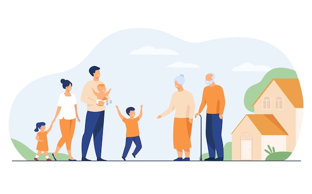 Family meeting in grandparents country house. excited children and parents visiting grandmother and grandfather, boy running to granny. vector illustration for happy family, love, parenting