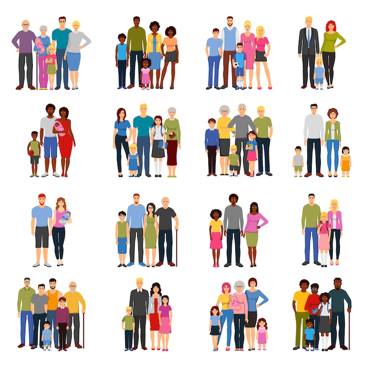 Free Vector family members groups flat icons set 