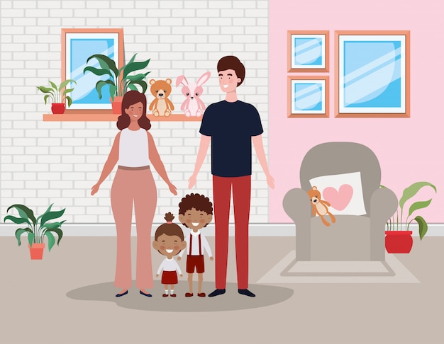 Free vector family members in livingroom house scene