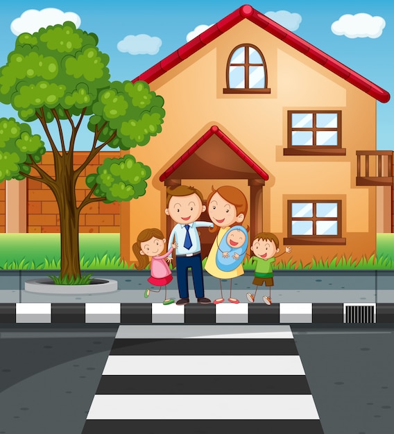 Free vector family members standing in front of the house