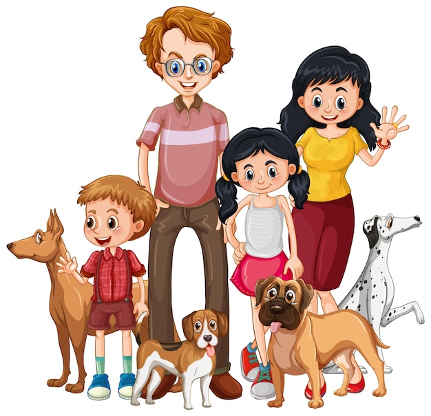 Family members with many dogs in cartoon style