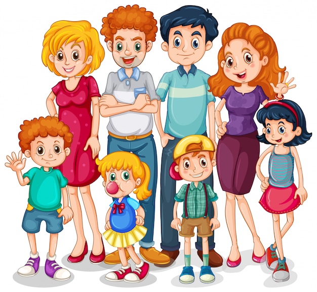 Vettore gratuito membri della famiglia con genitori e figli su sfondo bianco