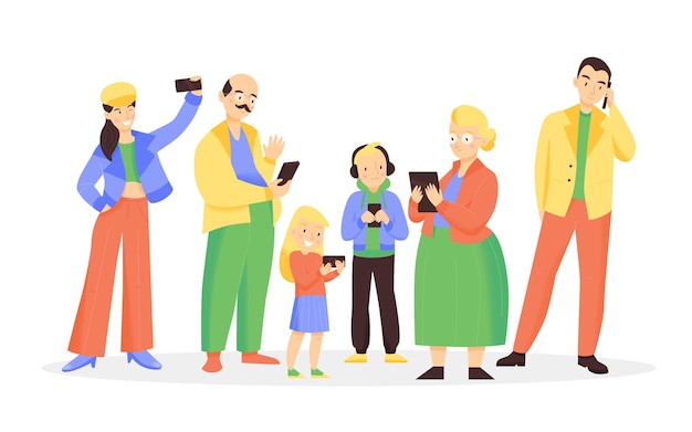 I membri della famiglia con smartphone e pad che chiamano per telefono e fanno l'illustrazione vettoriale della composizione del colore piatto del selfie