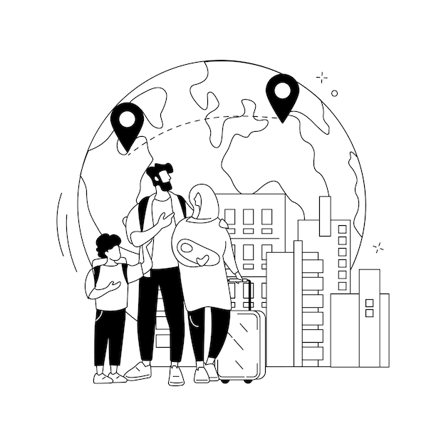 Family migration abstract concept vector illustration Migration of families movement abroad refugee group relocation travel with kids sponsopship immigration program abstract metaphor