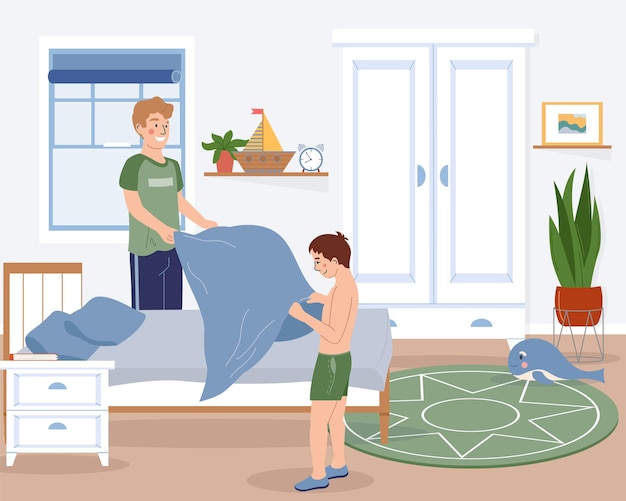 Family morning routine flat concept with father and son making bed vector illustration