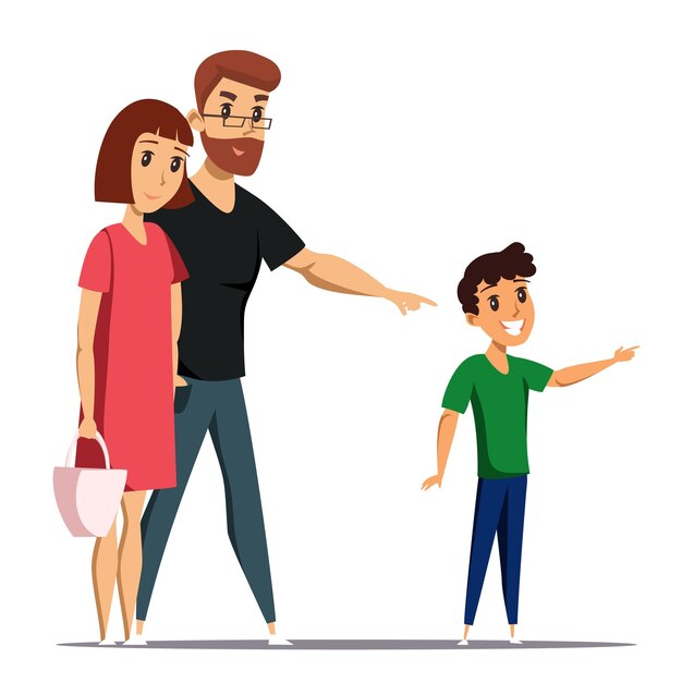 Family mother father and son on white background Smiling happy boy pointing with finger lady holding pink handbag young man wearing glasses