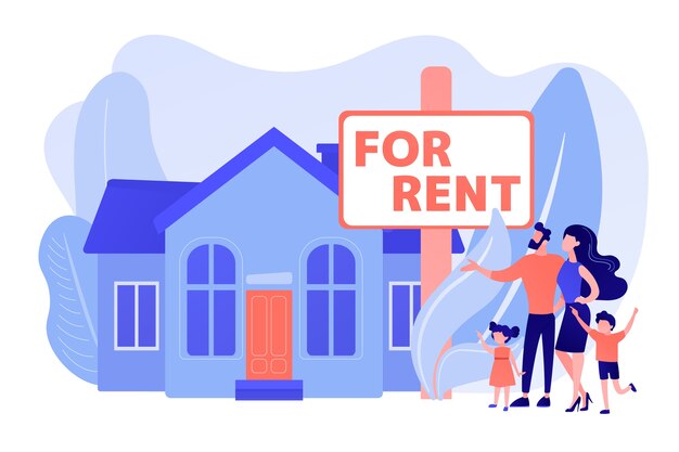 Family moving to countryside area. Realtor shows townhouse. House for rent, booking hose online, best rental property, real estate services concept. Pinkish coral bluevector isolated illustration