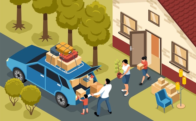 Free vector family moving to new house loading boxes and furniture into car 3d isometric vector illustration