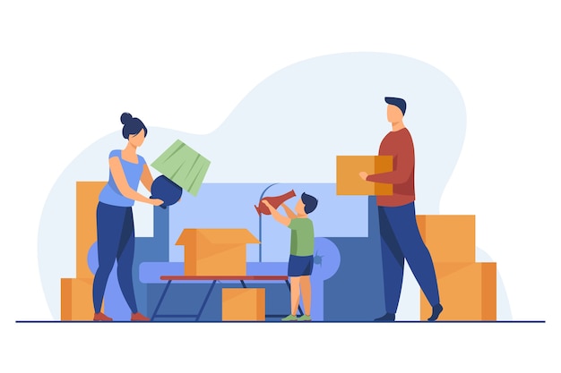 Family moving and packing things. parents, kid, carton boxes flat vector illustration. new home, property buying, mortgage concept