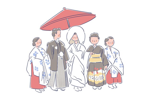 Free Vector family and newlyweds wearing japanese weeding clothes