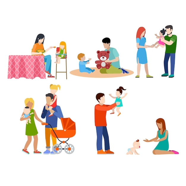Family nursing babysitting young people parents parenting couple  web infographic concept  icon set.