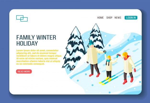 家族の両親と冬の休日等尺性webランディングページで歩いている間にスキーの子供