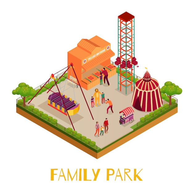 大人と子供のサーカスマーキーアトラクションギャラリー等尺性イラストを撮影した家族公園